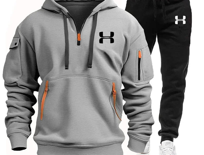 Men new autumn and winter multi-pocket zipper long-sleeved hoodie + sports and leisure pants two-piece fitness jogging suit PlatiNum
