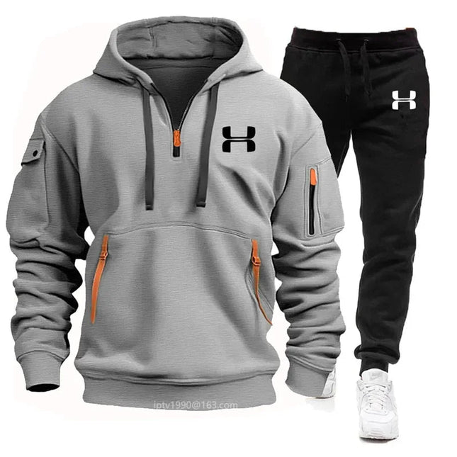 Men new autumn and winter multi-pocket zipper long-sleeved hoodie + sports and leisure pants two-piece fitness jogging suit PlatiNum