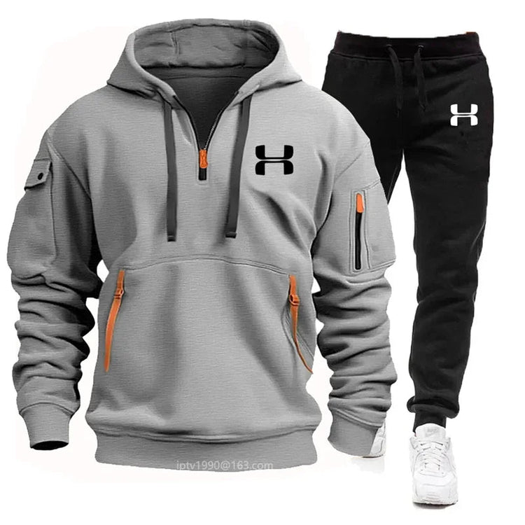 Men new autumn and winter multi-pocket zipper long-sleeved hoodie + sports and leisure pants two-piece fitness jogging suit PlatiNum