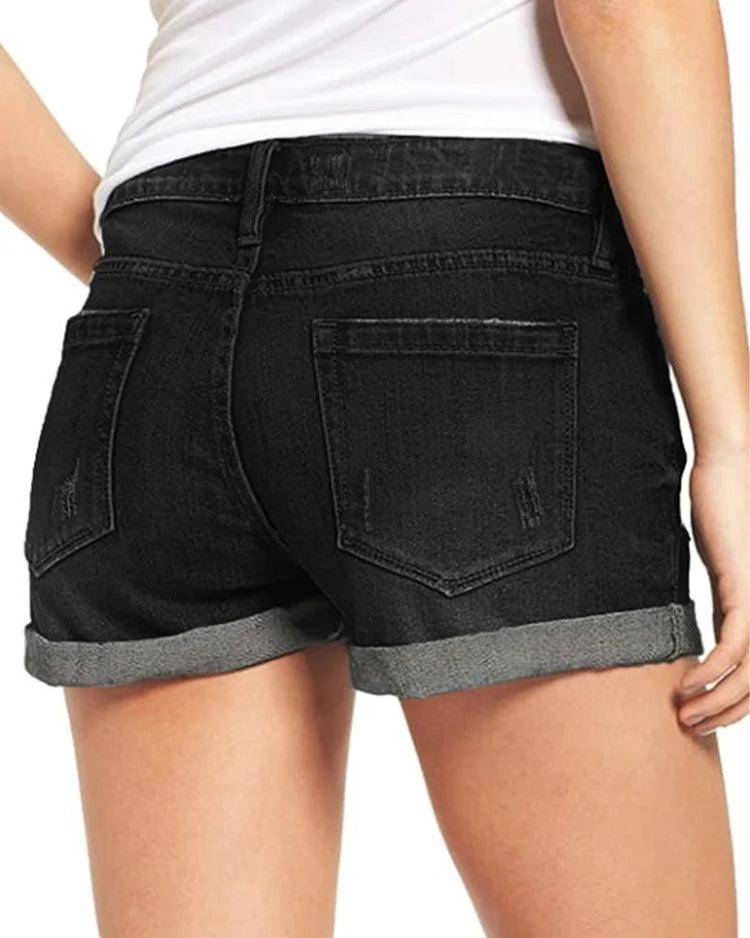 High-End Elastic Ripped Denim Shorts for Women Comfortable Fit Fashionable Tear Design PlatiNum