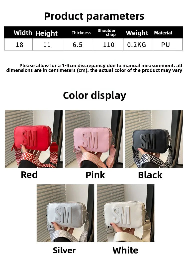 Chic SM Letter Camera Bags, Stylish Women’s Crossbody Small Square Purses with Wide Patterned Straps, Perfect for Daily Casual PlatiNum