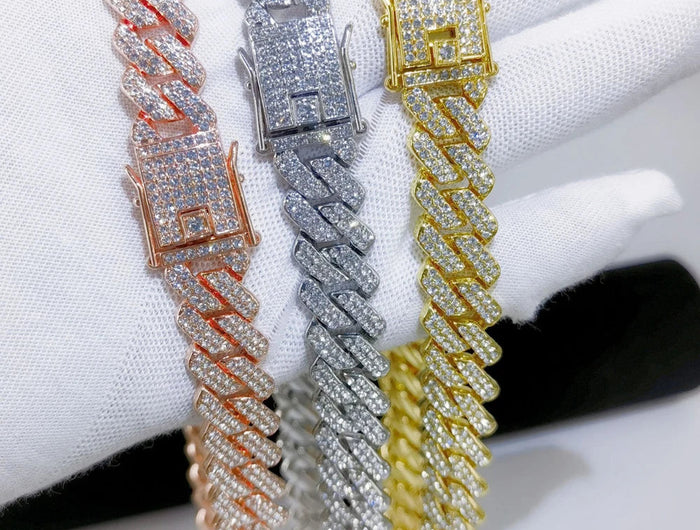 Fashion Men Cuban Link Iced Out Necklace 14MM width Rhinestones Chain Rapper CZ Cuban Chain Necklace Hip Hop Birthday Jewelry PlatiNum