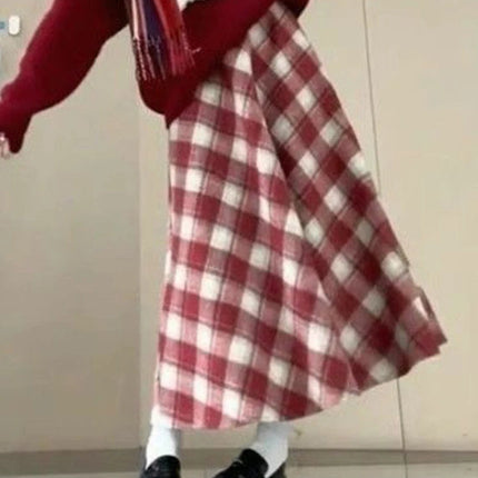 Red Plaid Midi Skirt Women Fall Winter Vintage High Waist Sweet Woolen Cloth Skirts Retro Loose Preppy Aesthetic Female Skirt PlatiNum