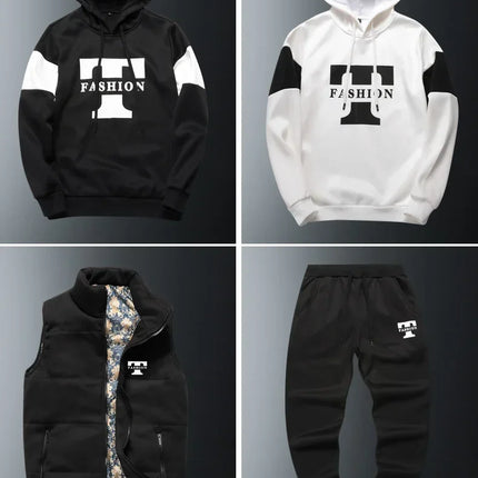 3 Pieces Set Hoodies+Vest+Pants Casual Men's Track Suit Clothing Coats Winter Thick Warm Tracksuit for Men Printed Mens Set Vest