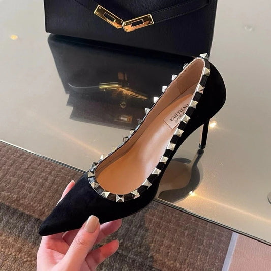 Women's High Heels Black Genuine Leather Rivet Pointed toe pumps luxury designer high quality Shoes Elegant woman heeled shoes