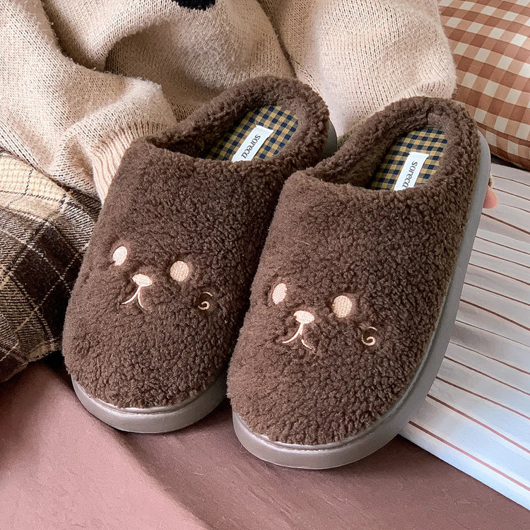 Cute Cat Winter Warm Slippers Women Men Fluffy Plush Home Shoes Red Bowknot Plaid Lining Indoor Bedroom Cotton Slides Mules New