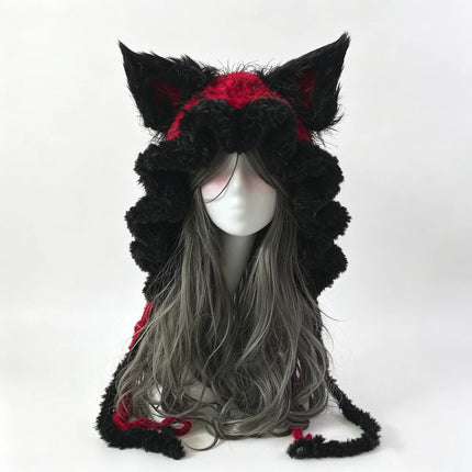 Custom Hand‑Crocheted Black Red Fox Ear Hood Women Soft Knitted Long Ties Beanie Gothic Unisex Dark Fairy Winter Warm Accessory