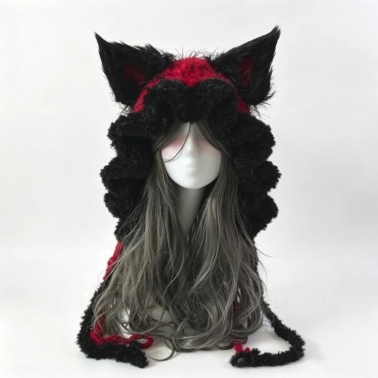 Custom Hand‑Crocheted Black Red Fox Ear Hood Women Soft Knitted Long Ties Beanie Gothic Unisex Dark Fairy Winter Warm Accessory