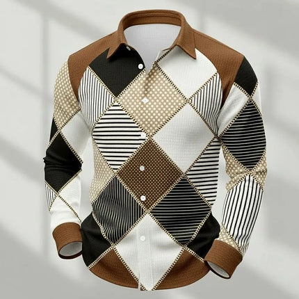 Men's Retro Patchwork Plaid Long-Sleeve Shirt, Casual Button-Down Top, Stylish Daily Office/Streetwear Shirt