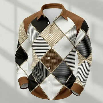 Men's Retro Patchwork Plaid Long-Sleeve Shirt, Casual Button-Down Top, Stylish Daily Office/Streetwear Shirt