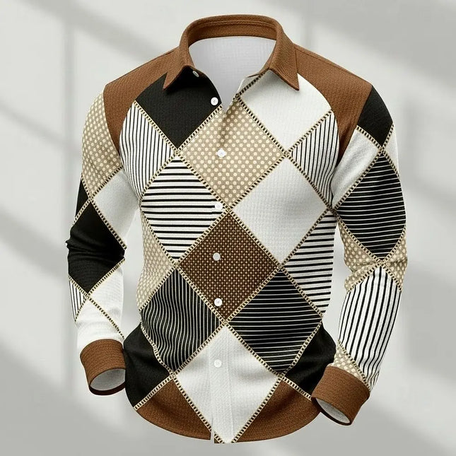 Men's Retro Patchwork Plaid Long-Sleeve Shirt, Casual Button-Down Top, Stylish Daily Office/Streetwear Shirt