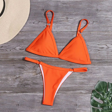 Costume da bagno bikini sexy da donna in tinta unita con fibbia in metallo decorato con costumi da bagno brasiliani per vacanze al mare platinumshop