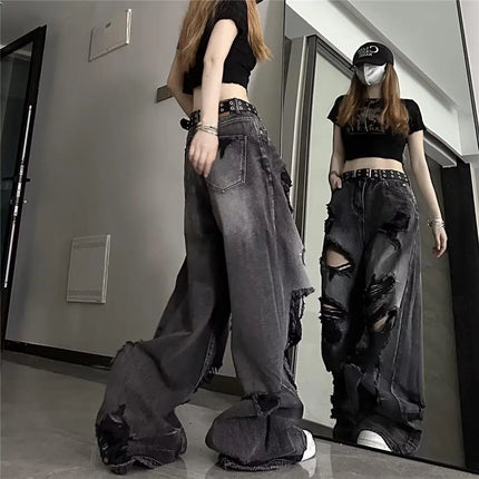 Jeans strappati unici e alla moda da donna, estivi, in stile americano, a zampa d'elefante, vestibilità ampia, versatili, a gamba dritta, lunghi