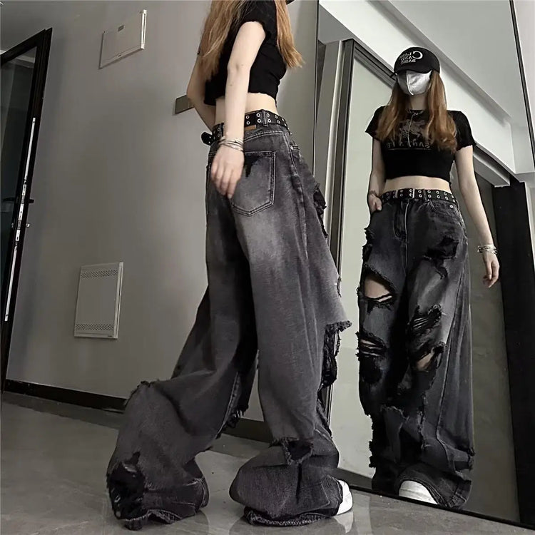 Jeans strappati unici e alla moda da donna, estivi, in stile americano, a zampa d'elefante, vestibilità ampia, versatili, a gamba dritta, lunghi