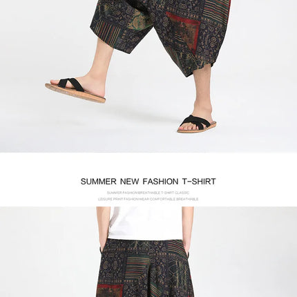 Pantaloncini Estivi Harajuku Larghi con Stampa, Traspiranti, Casual, Lunghezza al Polpaccio, Nuovi Pantaloni da Uomo in Cotone e Lino Oversize Stile Lanterna
