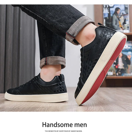 Men Low Top Leather Casual Shoes Lace-up Fashion Sneakers Black Embossed Plaid Upper Non Slip Flat Daily Wear Board Footwear
