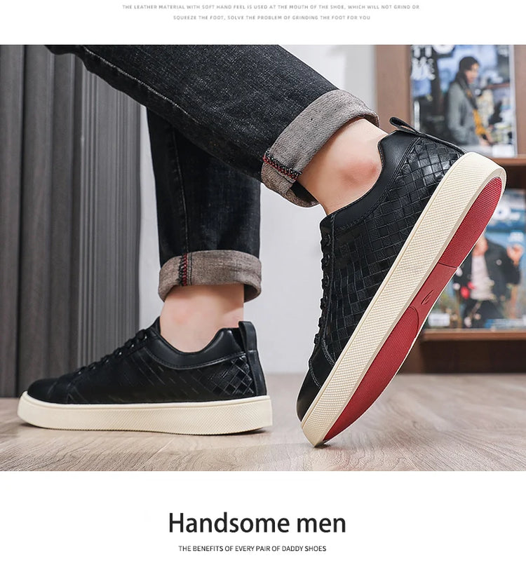 Men Low Top Leather Casual Shoes Lace-up Fashion Sneakers Black Embossed Plaid Upper Non Slip Flat Daily Wear Board Footwear