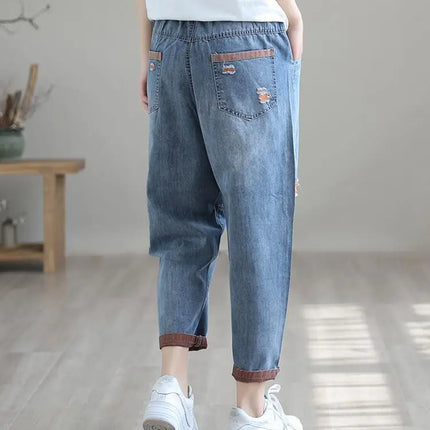 Jeans Strappati a Nove Punti da Donna, Nuovi Pantaloni Harem Casual Sottili con Vita Elastica, Lunghi alla Caviglia, in Denim, per l'Estate 2026