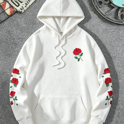 Men Rose Print Pullover Hoodie Casual Long Sleeve Streetwear Hip‑Hop Hooded Sweatshirt For Autumn Winter Women Warm Fleece Tops
