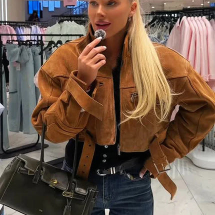 Brown Suede Leather Short Coats Women Solid Stand Collar Zipper Waist Belted Cropped Jackets 2026 Lady Autumn Y2k Casual Outwear