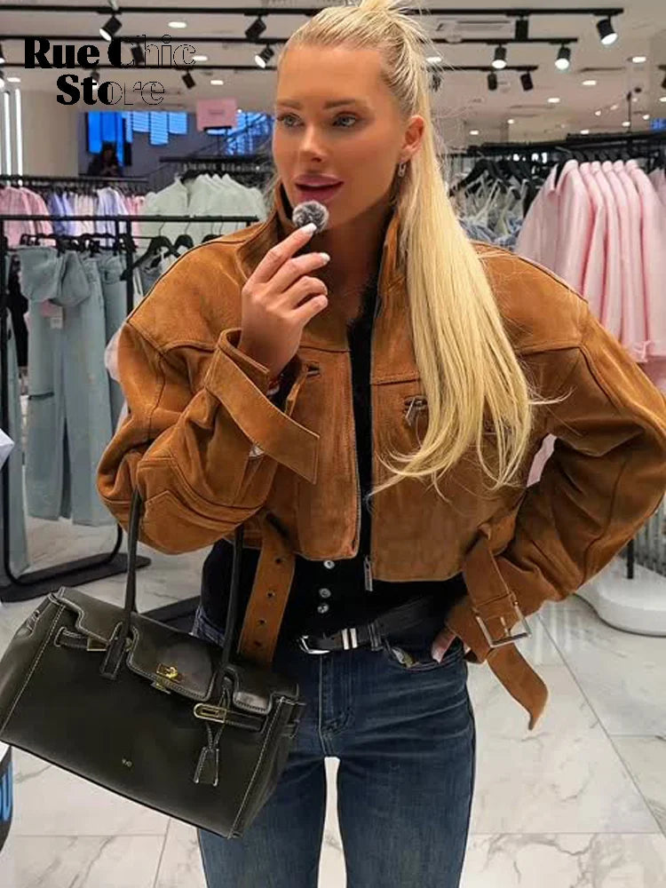 Brown Suede Leather Short Coats Women Solid Stand Collar Zipper Waist Belted Cropped Jackets 2026 Lady Autumn Y2k Casual Outwear