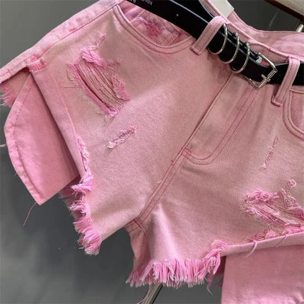 New style ripped denim shorts with frayed washed pockets and wide legs
