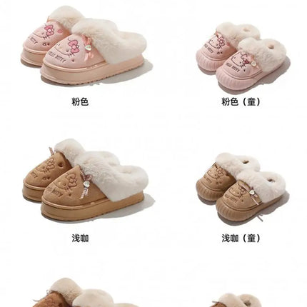 Women's Cute Cartoon Cat Plush Slippers Winter Warm Indoor Non-Slip Bow Embroidered Closed Toe Soft Fluffy House Shoes for Ladie