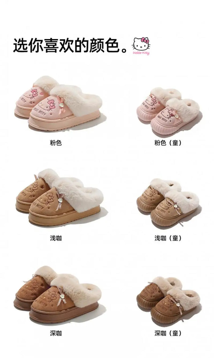 Women's Cute Cartoon Cat Plush Slippers Winter Warm Indoor Non-Slip Bow Embroidered Closed Toe Soft Fluffy House Shoes for Ladie
