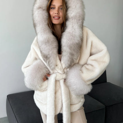 DFDG 2026 Women Hooded Faux Fur Coat Belted Waist Tie Big Fur Trim Collar Long Sleeve Outerwear Warm Luxury Overcoat Winter Fur