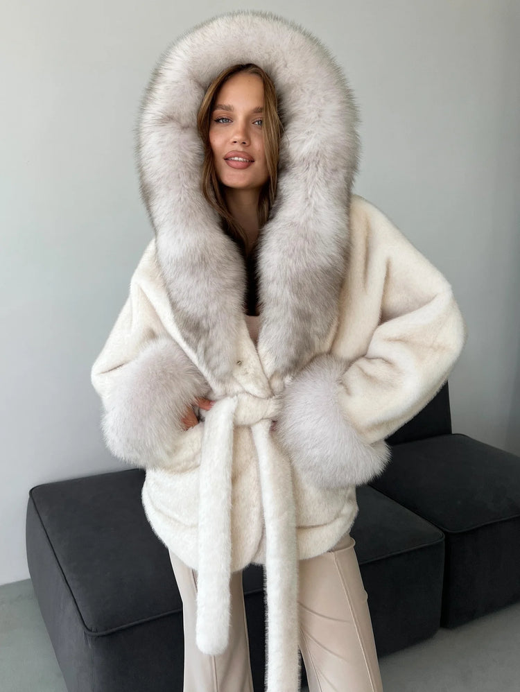DFDG 2026 Women Hooded Faux Fur Coat Belted Waist Tie Big Fur Trim Collar Long Sleeve Outerwear Warm Luxury Overcoat Winter Fur