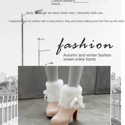 Snow Boots Womens Winter Warm Plush Fashion High Heels Pink White Black Fur Bowt Dress Party Wedding Platform Boots 526-1