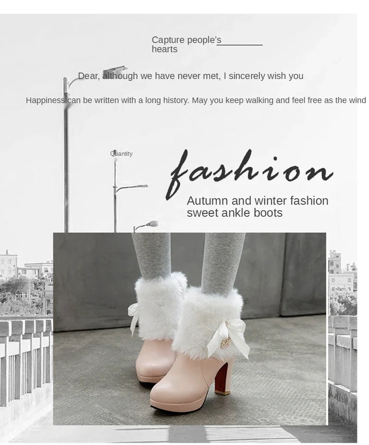 Snow Boots Womens Winter Warm Plush Fashion High Heels Pink White Black Fur Bowt Dress Party Wedding Platform Boots 526-1