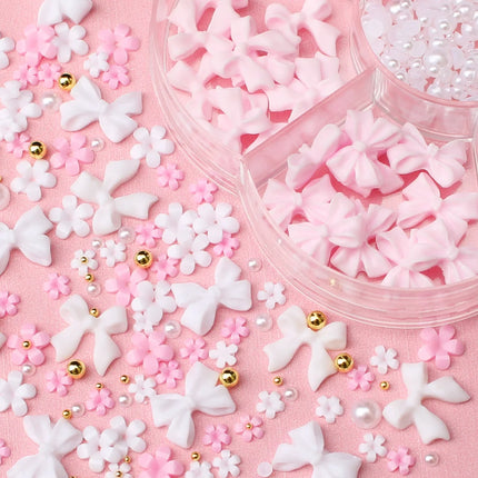 1box 3D Flower Bow Nail Art Decorations Kit Pink/White Acrylic Floral/Peal Beads Nail Charm with Wax Pen/Tweezer 4/6mm Nail Part Nail