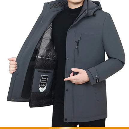 Men's Detachable Liner & Hat Puffer Coats Business Casual Hooded White Duck Down Jackets 2026 Winter Outwear Windproof Top Parka