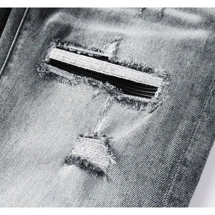 Street Designer Fashion Men Jeans Retro Gray Stretch Skinny Fit Patched Ripped Jeans Men Brand Hip Hop Y2K Denim Pants Hombre PlatiNum