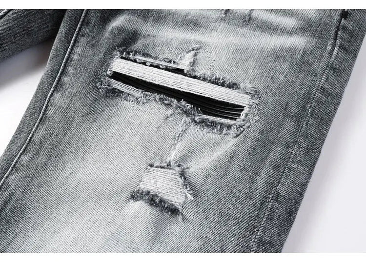 Street Designer Fashion Men Jeans Retro Gray Stretch Skinny Fit Patched Ripped Jeans Men Brand Hip Hop Y2K Denim Pants Hombre PlatiNum
