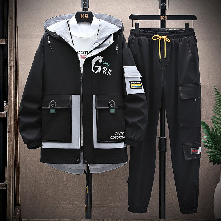 Casual Two-Piece Men's Sets 2026 Spring Autumn Loose Coats & Pant Tracksuits Outdoor Windproof Hooded Jacket And Jogger Clothing