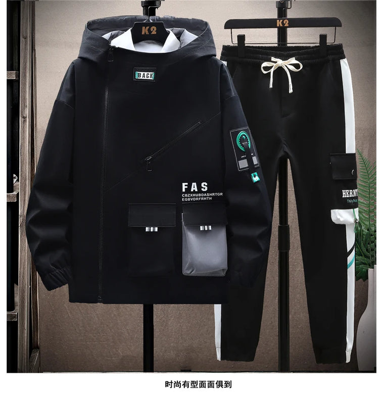 Autumn Men Tracksuit Casual Spring Sportswear Hooded patchwork Jackets Pants 2 Piece Sets Hip Hop Running Sports Suit