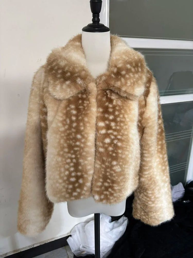 ZADORIN Chic Turn Down Collar Deer-print Cropped Fluffy Faux Fur Coat Woman Elegant Warm Faux Fur Jackets Woman Winter Coat Tops