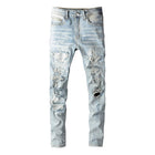 Men Crystal Holes Ripped Patchwork Jeans Streetwear Light Blue Denim Slim Skinny Pencil Pants Trousers PlatiNum