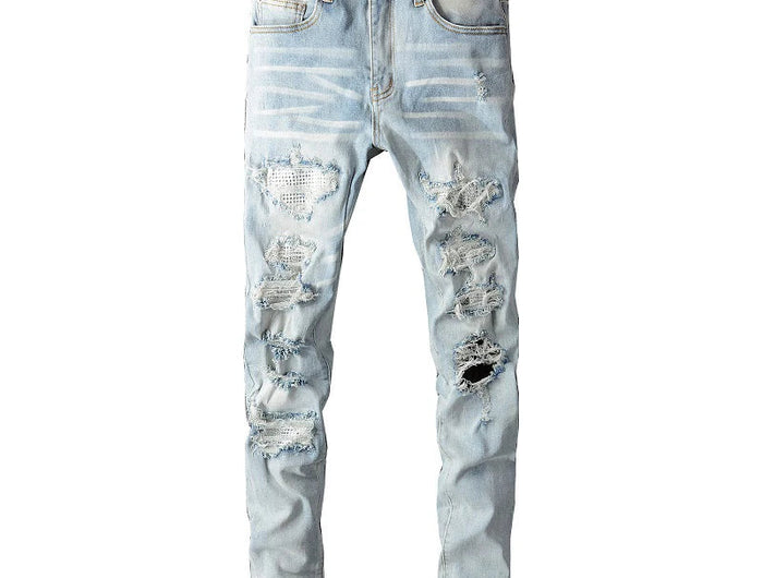 Men Crystal Holes Ripped Patchwork Jeans Streetwear Light Blue Denim Slim Skinny Pencil Pants Trousers PlatiNum
