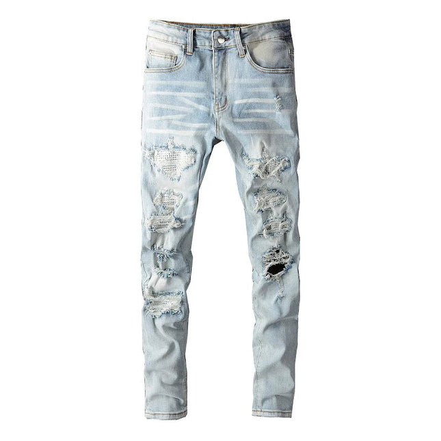 Men Crystal Holes Ripped Patchwork Jeans Streetwear Light Blue Denim Slim Skinny Pencil Pants Trousers PlatiNum