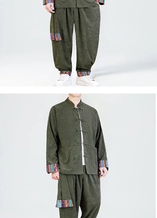 2026 Uomini di Stile Cinese Retro Tang Vestito Da Uomo di Velluto A Coste Patchwork Set Stampato Int