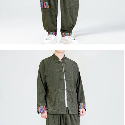 2026 Uomini di Stile Cinese Retro Tang Vestito Da Uomo di Velluto A Coste Patchwork Set Stampato Intrattenimento Musiche E Canzoni Mens Vintage Stampa Set Maschile Casual Kung Fu Vestito