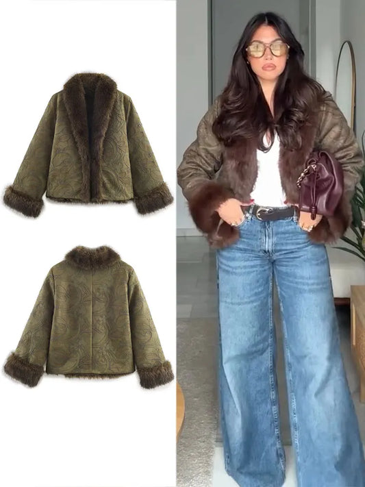 HH Women Faux Fur Collar FIoral Embroidery Coat Vintage Long Sleeve Open Stitch Jacket Winter Thicken Warm Woman Chic Outerwears