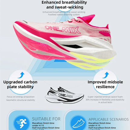 ONEMIX Nuove Scarpe da Corsa Professionali Marathon con Piastra in Carbonio a Tutta Lunghezza, Supporto Stabile e Assorbimento degli Urti, Ultra Leggere PlatiNum