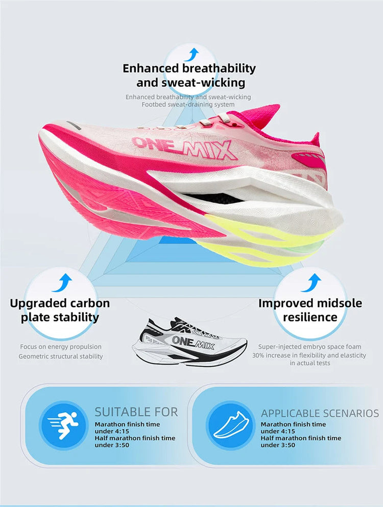 ONEMIX Nuove Scarpe da Corsa Professionali Marathon con Piastra in Carbonio a Tutta Lunghezza, Supporto Stabile e Assorbimento degli Urti, Ultra Leggere PlatiNum