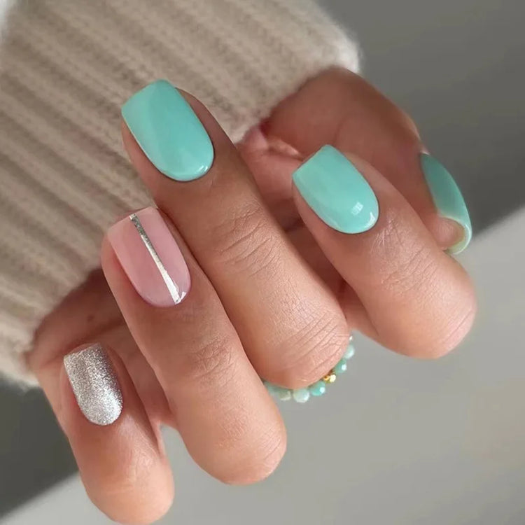 False Nail Full Cover Fake Nail Pink Glitter Wearable French Short Nails Square Head False Nail Press On Nails Manicure Tool