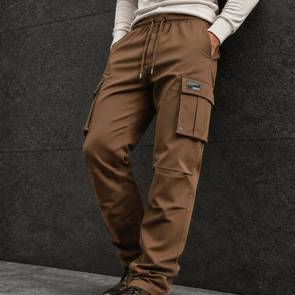 Men's Solid Cargo Pants Multi Pocket Drawstring Waist Straight Leg Casual Workwear Trousers Outdoor Streetwear Pants