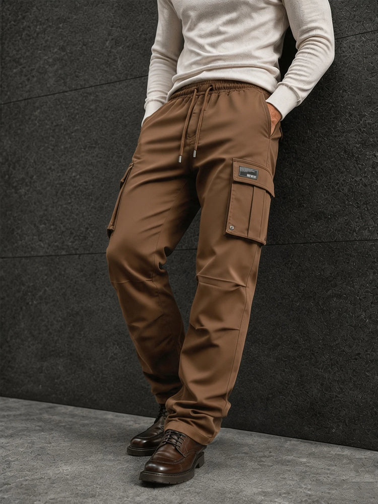 Men's Solid Cargo Pants Multi Pocket Drawstring Waist Straight Leg Casual Workwear Trousers Outdoor Streetwear Pants
